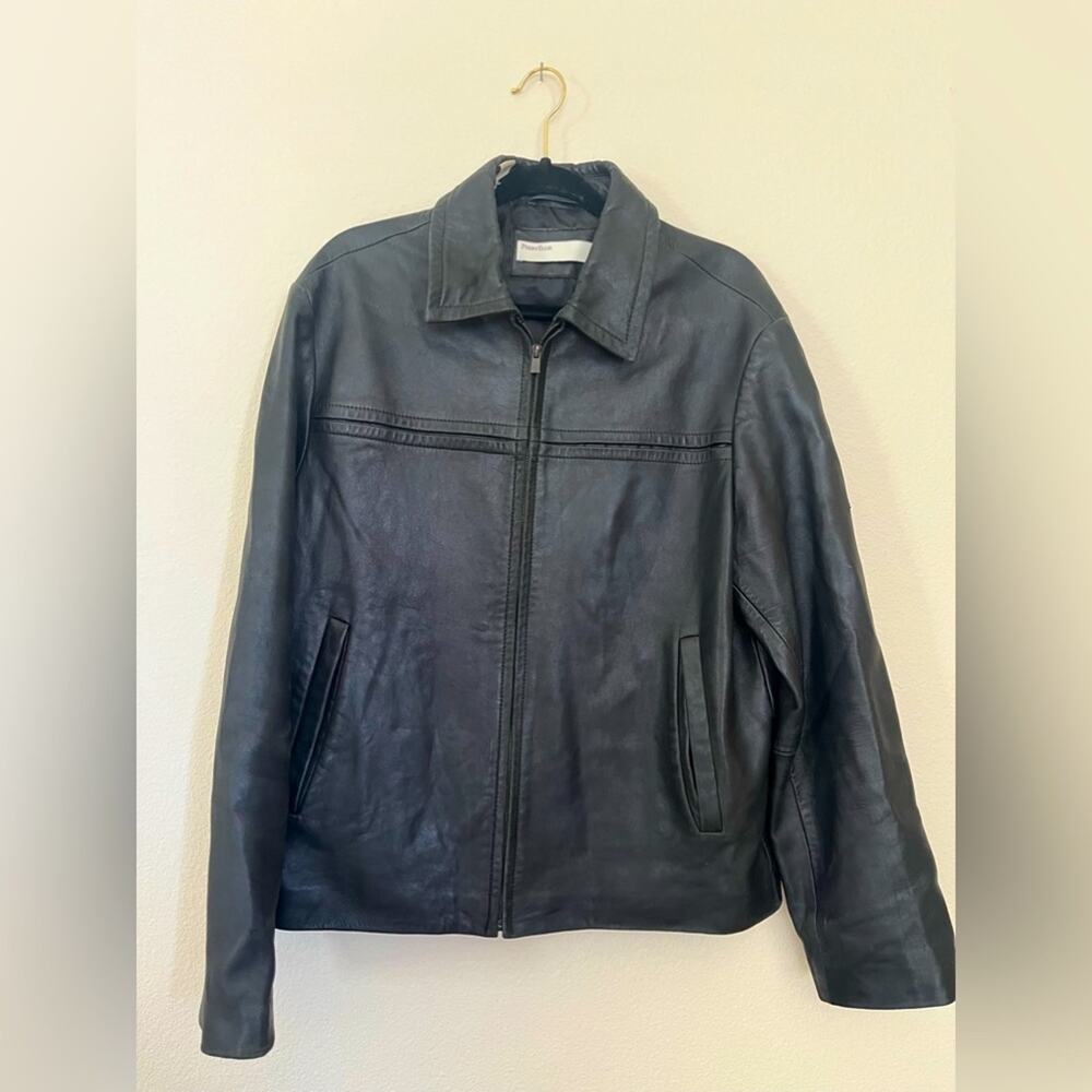 Perry Ellis 90s Y2K black leather bomber minimalist jacket.